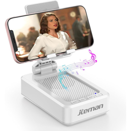 Support de téléphone portable JTEMAN avec enceinte Bluetooth sans fil - Cadeau, support bureau blanc