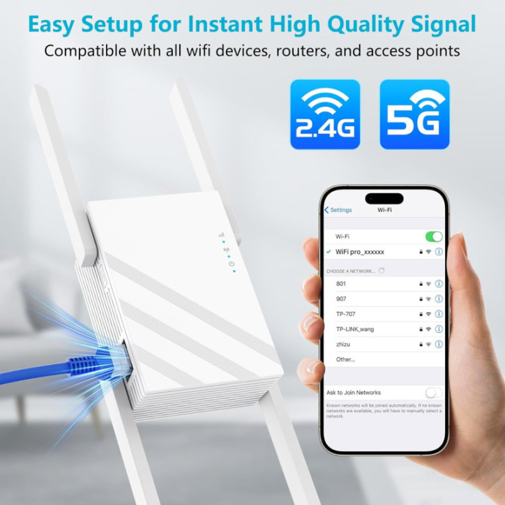 2025 Répéteur WiFi 1.2Gbps Dual Band 5GHz/2.4GHz, Jusqu'à 12880 pi², Port Ethernet, 100+ appareils connectés 2025 Répéteur WiFi 1.2Gbps Dual Band 5GHz/2.4GHz, Jusqu'à 12880 pi², Port Ethernet, 100+ appareils connectés