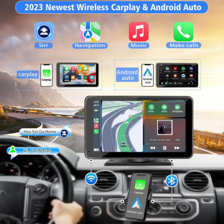 Ecran Portable 7 HD Tactile sans Fil avec Apple CarPlay, Android Auto, Bluetooth 5.2 et Caméra de Recul