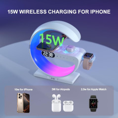 RYND 2025 5-in-1 Magnetic Speaker Alarm Clock with Wireless Charger & Adjustable Night Light, White
