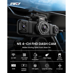 IIWEY N5 4-Channel 360° Dash Cam with Night Vision & 128GB SD Card