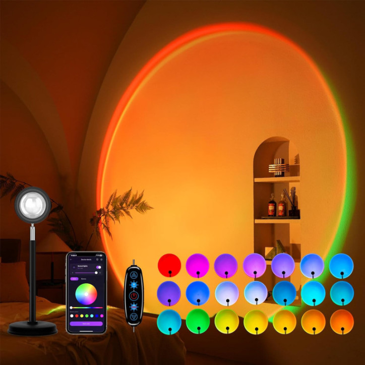 Lampe Projection Coucher de Soleil 21 Couleurs, Rotation 180°, Interrupteur & Contrôle APP, Déco Chambre & Fête