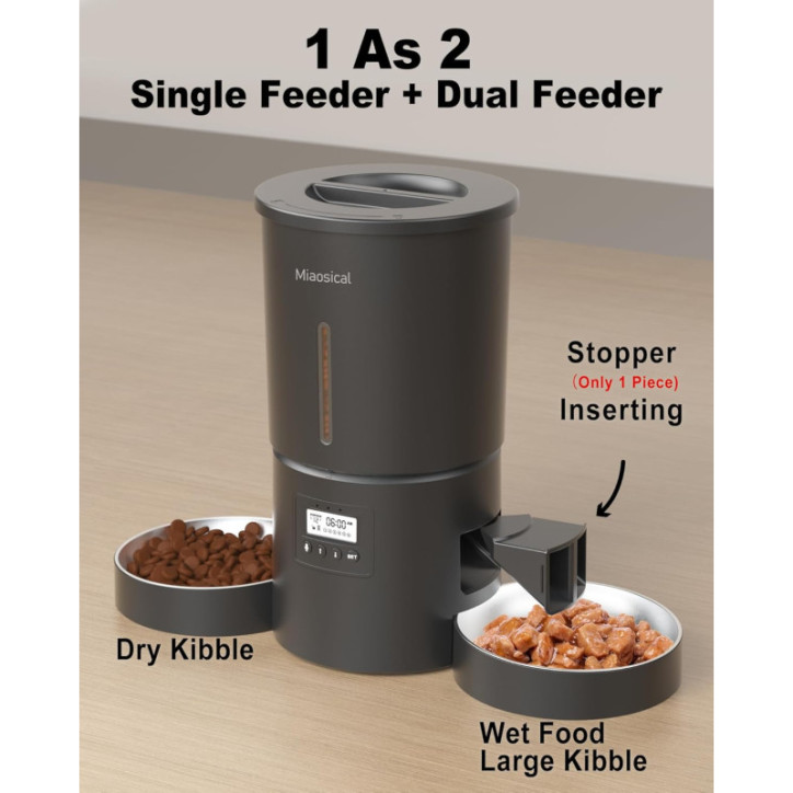 Dual Automatic Cat Feeder for 2 Cats, 6 Meals/Day, 12 Portions, 4.2L, Voice Record, Timer - Black Dual Automatic Cat Feeder for 2 Cats, 6 Meals/Day, 12 Portions, 4.2L, Voice Record, Timer - Black