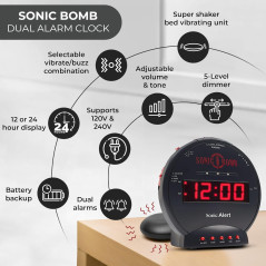 Réveil Sonic Bomb Extra Fort avec Vibromasseur, Noir
