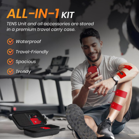 Appareil TENS Dual Channel 3-en-1, 24 Modes, 40 Niveaux, Rechargeable avec 12 Électrodes et Étui EVA