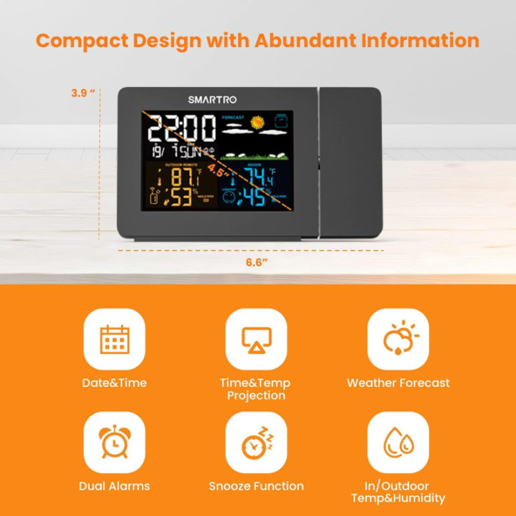 SMARTRO SC91 Projection Alarm Clock with Weather Station, Wireless Indoor-Outdoor Thermometer & Hygrometer SMARTRO SC91 Projection Alarm Clock with Weather Station, Wireless Indoor-Outdoor Thermometer & Hygrometer