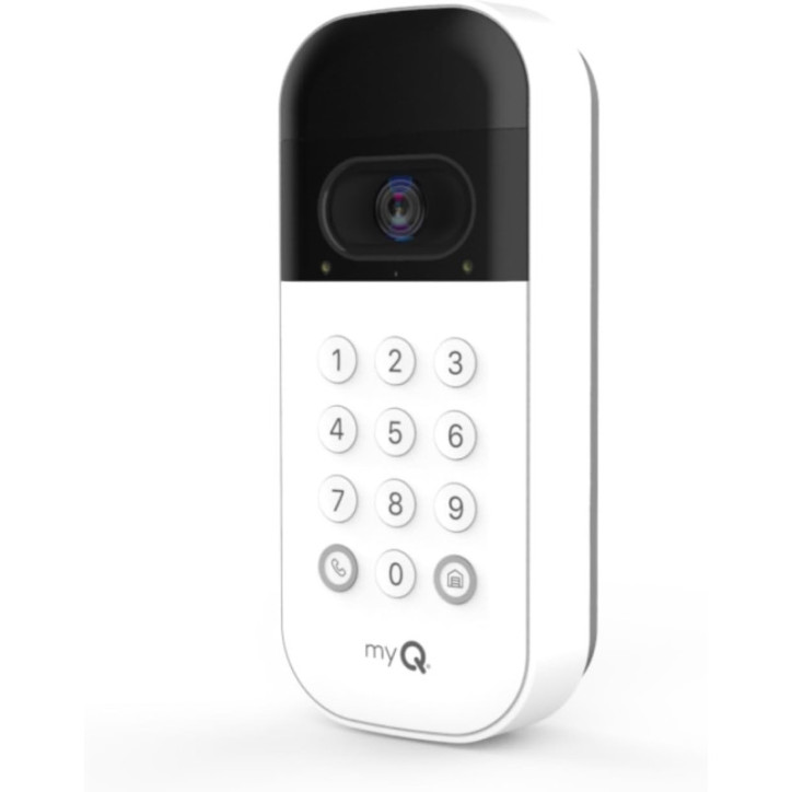 Clavier vidéo myQ pour porte de garage avec caméra grand-angle, codes PIN personnalisables, contrôle smartphone, compatible Cham