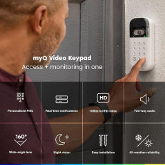 Clavier vidéo myQ pour porte de garage avec caméra grand-angle, codes PIN personnalisables, contrôle smartphone, compatible Cham