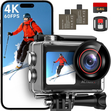 ODDV 4K60FPS 30MP Waterproof Action Camera with Dual LCD & 64GB Card