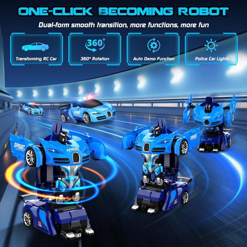 Voiture Télécommandée Robot Transformable 360°, LED, Cadeau