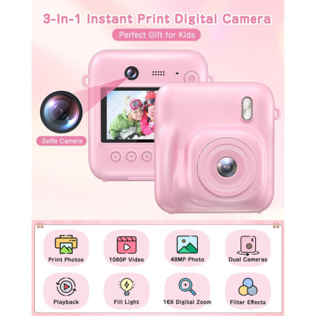 Kids Instant Print Camera 48MP Selfie Digital Toy with 32GB Card & Print Paper for Ages 4-9 - Pink