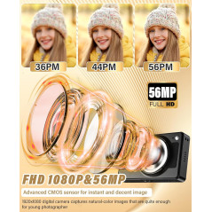 2025 Kids Digital Camera 56MP FHD 1080P, 16x Zoom, Anti-Shake, Face/Smile Detect, 32GB Card, Black