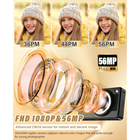 2025 Kids Digital Camera 56MP FHD 1080P, 16x Zoom, Anti-Shake, Face/Smile Detect, 32GB Card, Black