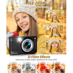 Appareil Photo Numérique Enfants 56MP 1080P Zoom 16x Noir