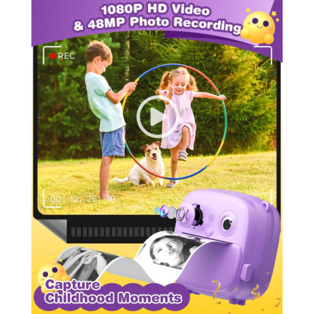 Kids Instant Print Camera for Girls & Boys 3-12 - 1080P HD Digital Photo & Video Toy, Purple