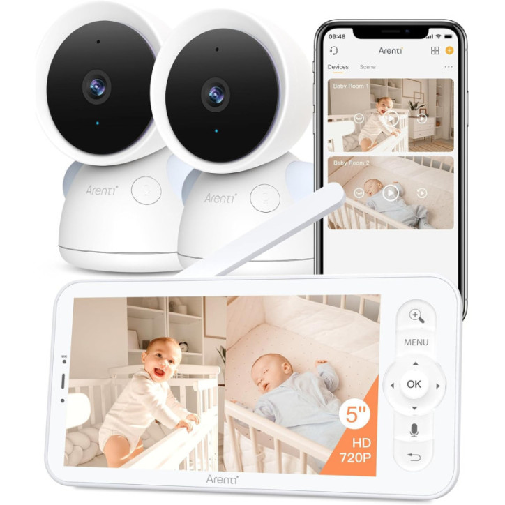 ARENTI Baby Monitor D3 Set - 2x 3MP 2K WiFi 6 Cameras, 5 Screen, Night Vision, Cry Detection, Auto Tracking