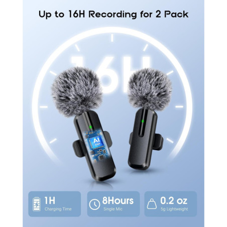 Wireless Mini Lavalier Microphones 2-Pack for iPhone, iPad, Android - Bluetooth Clip-on Lapel Mics with Noise Reduction for Reco