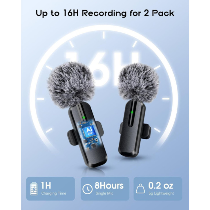 Wireless Mini Lavalier Microphones 2-Pack for iPhone, iPad, Android - Bluetooth Clip-on Lapel Mics with Noise Reduction for Reco Wireless Mini Lavalier Microphones 2-Pack for iPhone, iPad, Android - Bluetooth Clip-on Lapel Mics with Noise Reduction for Reco