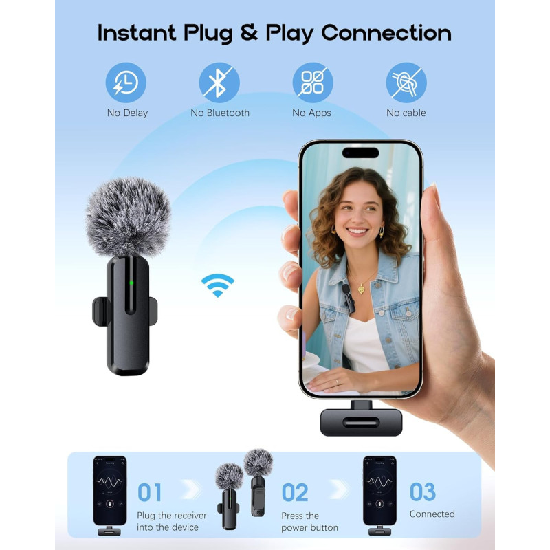 Wireless Mini Lavalier Microphone 2-Pack for iPhone & Android - Bluetooth Clip-On Mic