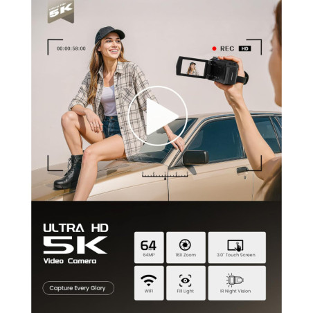5K UHD 64MP Vlogging Camera with 3 270° Touch Screen, IR Night Vision, 16X Zoom, WiFi, 32GB Card & Accessories