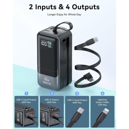 65W Portable Charger Power Bank with Built-in Cable, 4 USB-C Outputs