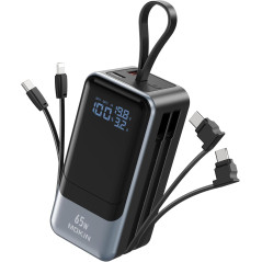 65W Portable Charger Power Bank with Built-in Cable, 4 Outputs, Fast USB-C Charging for iPhone, iPad, MacBook, Samsung, Dell