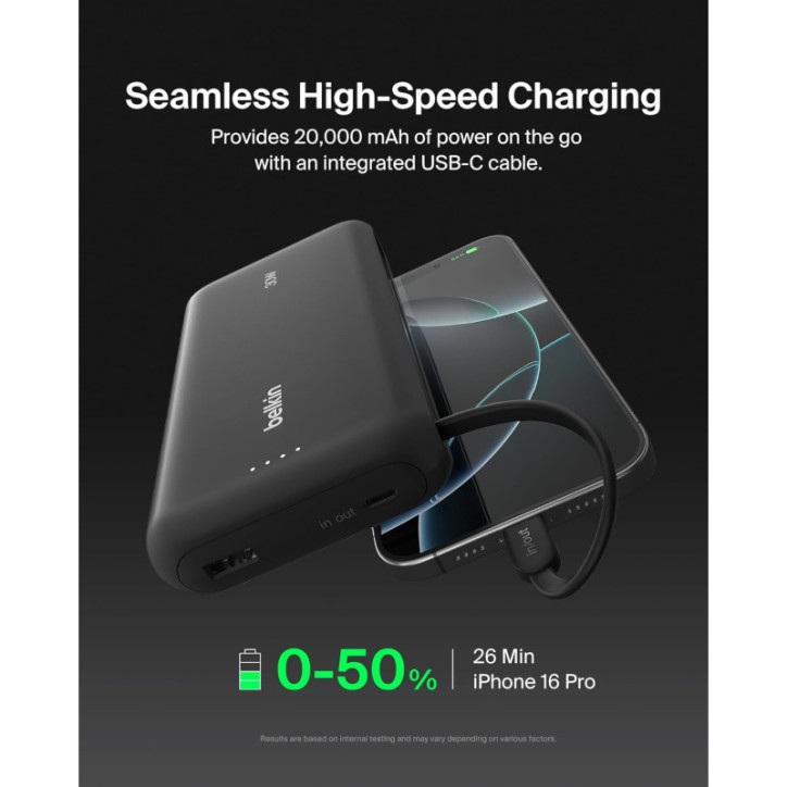 Belkin 20000mAh Portable Charger with Integrated Cable, 30W Fast USB-C PD Power Bank - Black Belkin 20000mAh Portable Charger with Integrated Cable, 30W Fast USB-C PD Power Bank - Black
