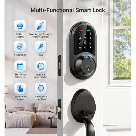 Veise RZ07 Smart Fingerprint Door Lock, 7-in-1 Keyless Entry, Touchscreen Keypad, App Control, Matte Black