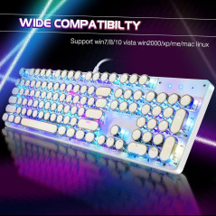 Typewriter Style Mechanical RGB Wired Gaming Keyboard with Blue Switches & Round Keycaps – White, 104 Keys