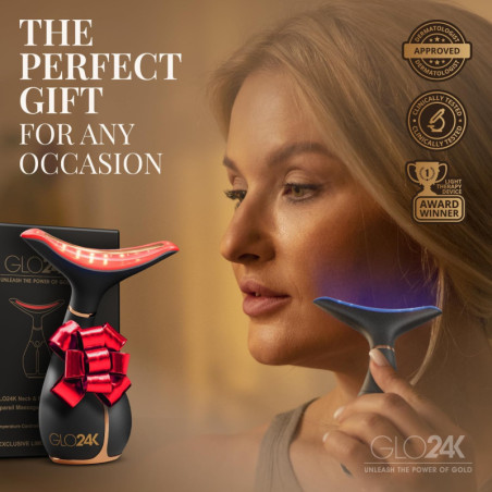 GLO24K Appareil Beauté Visage & Cou 3-en-1 avec LED Rouge & Vibration pour Revitalisation et Fermeté