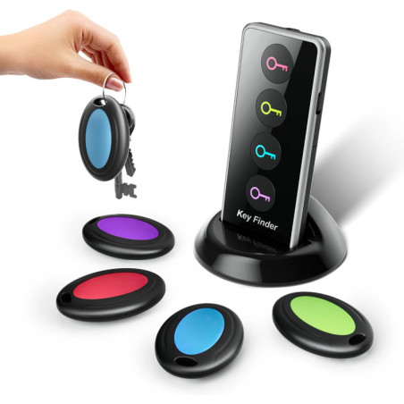 Localisateur de clés sans fil avec LED - 4 récepteurs et télécommande, idéal seniors, pour clés, téléphone, portefeuille, téléco