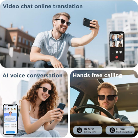 AI Smart Sunglasses with Translation, UV400, Bluetooth Speaker, Voice Control & Hands-Free Calling – Black
