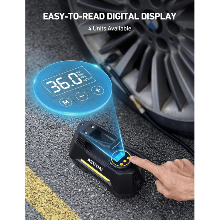 AstroAI Portable Tire Inflator Air Compressor 12V DC, Digital Gauge, LED Light, 9.8Ft Cord, Yellow AstroAI Portable Tire Inflator Air Compressor 12V DC, Digital Gauge, LED Light, 9.8Ft Cord, Yellow