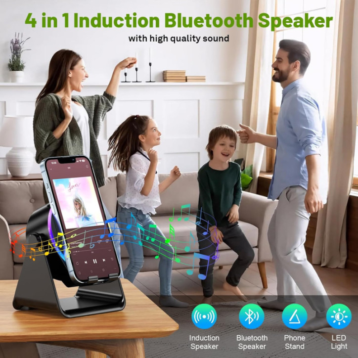 Enceinte Bluetooth Sans Fil avec Support Téléphone Ajustable 360°, Lumière RGB, Son Stéréo - Noir