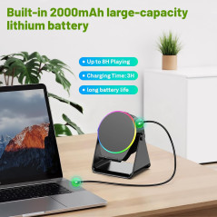 Enceinte Bluetooth Sans Fil avec Support Téléphone Ajustable 360°, Lumière RGB, Son Stéréo - Noir