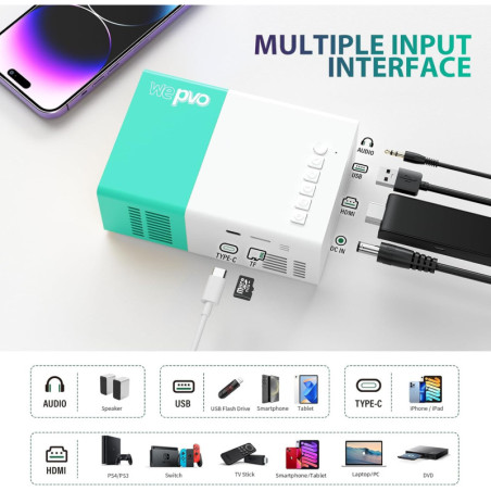 Mini Projecteur Portable LED pour Film en Plein Air, Compatible Smartphone, Tablette, PC, PS, USB