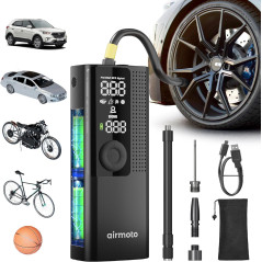 Airmoto Portable Tire Inflator - Cordless Air Compressor with Digital Gauge, LED Light & Auto Shut-Off for Cars, Bikes &