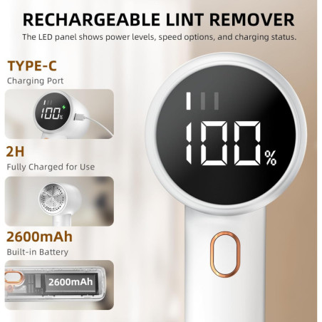 Rechargeable Fabric Shaver Lint Remover with 3 Speeds, 6 Blades & LED Display for Clothes & Furniture