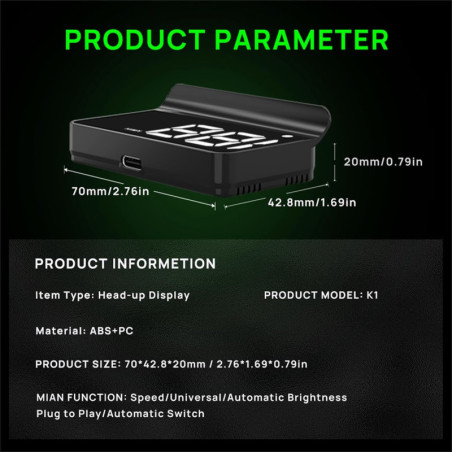 K1-White Car Head-Up Display GPS Speedometer with Auto Brightness, Large Font, USB Plug & Play