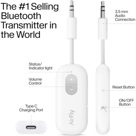 Twelve South AirFly SE Bluetooth Audio Transmitter Adapter for AirPods & Headphones, 20+ Hr Battery