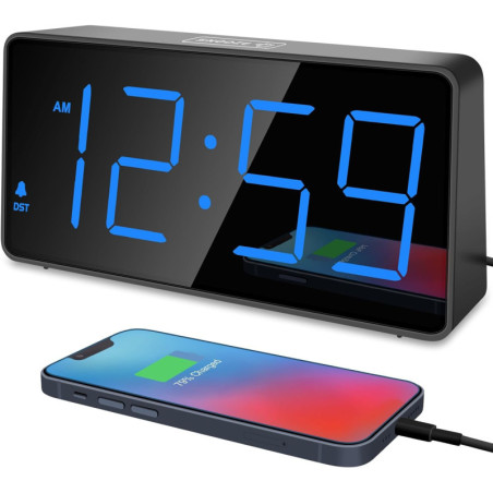 Peakeep Digital Alarm Clock for Heavy Sleepers – Large LED, USB, Blue
