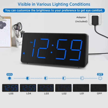 Peakeep Blue Digital Alarm Clock with Loud Alarm, Large LED, USB Charger, Battery Backup for Heavy Sleepers