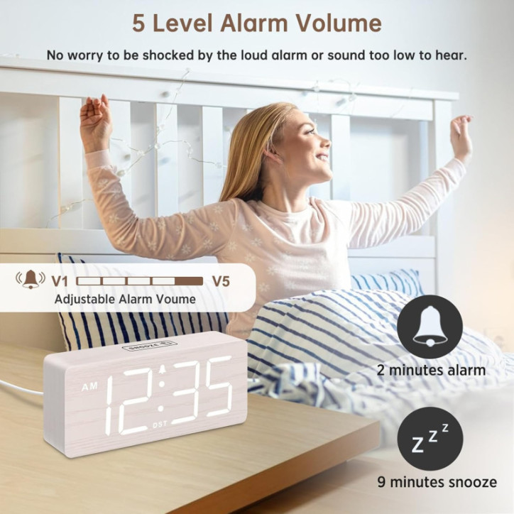 Réveil numérique en bois DreamSky – chiffres larges, alarme forte, variateur, contrôle volume, décor bureau Réveil numérique en bois DreamSky – chiffres larges, alarme forte, variateur, contrôle volume, décor bureau