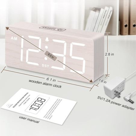 DreamSky Wooden Digital Alarm Clock with Large Numbers, Dimmer, Loud Alarm, Volume Control & DST – Plug-In
