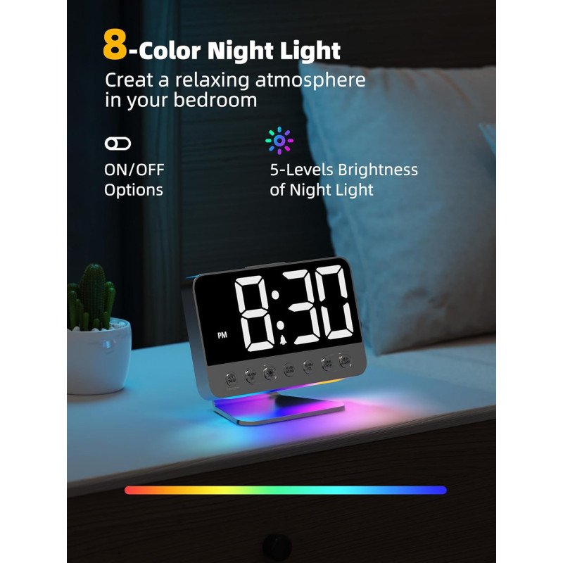 Digital Alarm Clock for Bedroom – Large Bold Numbers, Brightness Dimmer & 5 Alarms