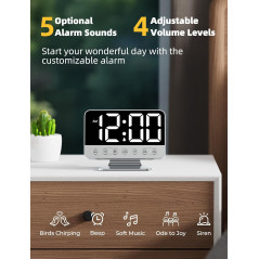 Digital Alarm Clock for Bedroom - Large Bold Numbers, 5 Brightness Levels, 5 Alarms, 8 Night Lights - Silver