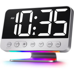 Réveil Digital Chambre - Grand Écran, 5 Sons Alarme, 8 Lumières