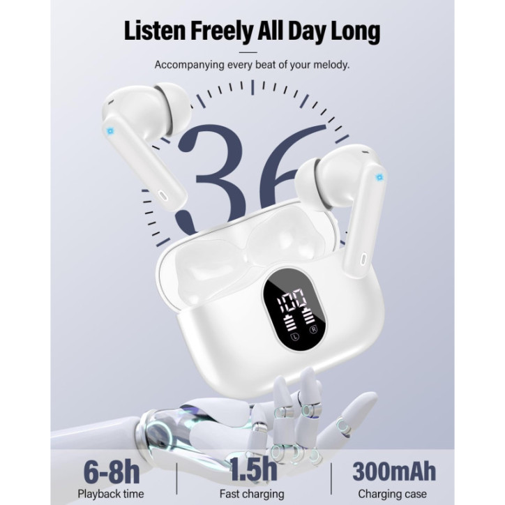 Écouteurs sans fil Bluetooth 5.4, micro anti-bruit, LED, IP7 étanche, stéréo basses, blancs. Écouteurs sans fil Bluetooth 5.4, micro anti-bruit, LED, IP7 étanche, stéréo basses, blancs.