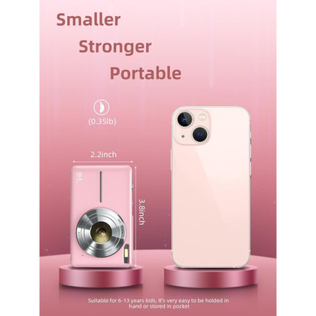 Compact Pink 1080P Digital Camera with 16X Zoom & 32GB Card for Kids