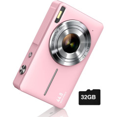 Compact Pink 1080P Digital Camera with 16X Zoom & 32GB Card for Kids